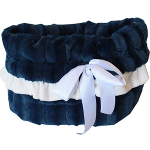 Navy Blue Reversible Snuggle Bugs Pet Bed, Bag, and Car Seat All-in-One - Posh Puppy Boutique