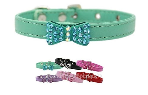 Bow-dacious Crystal Dog Leather Collar- Many Colors