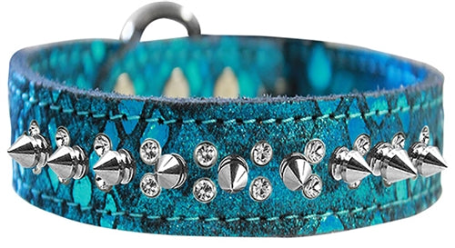 Double Crystal Silver Spike Dragon Skin Genuine Leather Dog Collar - Many Colors