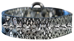 Double Crystal Silver Spike Dragon Skin Genuine Leather Dog Collar - Many Colors - Posh Puppy Boutique