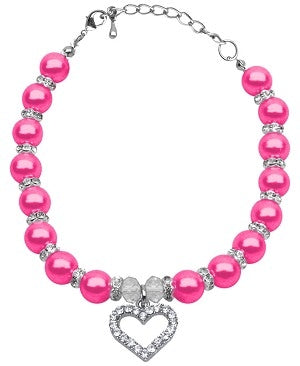 Heart and Pearl Necklace- Bright Pink