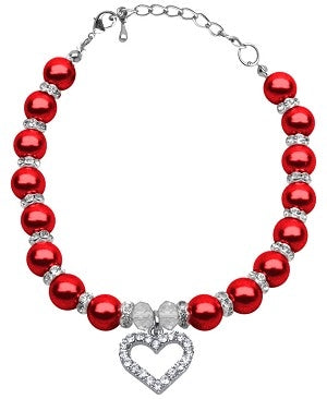 Heart and Pearl Necklace- Red