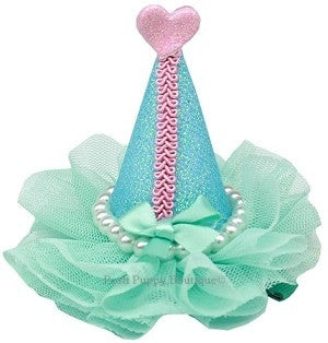Pearl-Wrapped Party Hat Clip-on- Aqua - Posh Puppy Boutique