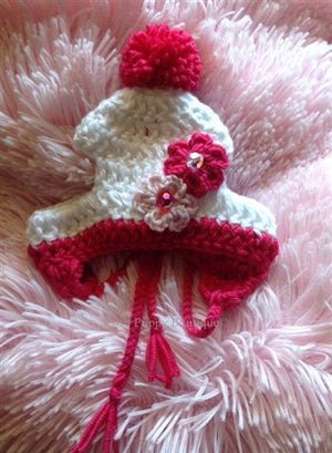 Couture Knit Hat- Two Flowers with Swarovski Crystals- White-Bright and Soft Pink - Posh Puppy Boutique