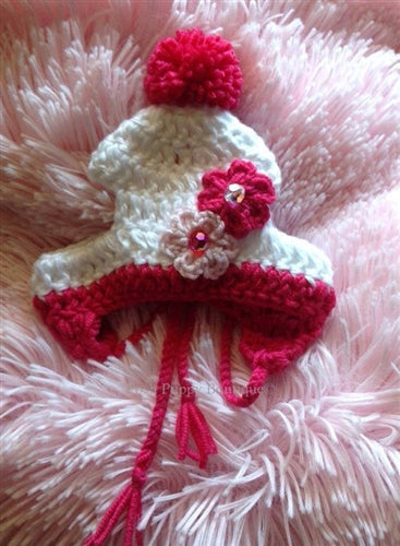 Couture Knit Hat- Two Flowers with Swarovski Crystals- White-Bright and Soft Pink