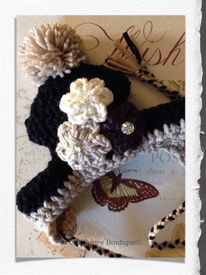 Couture Knit Hat- Three Flowers with Swarovski Crystals- Black-White-Beige - Posh Puppy Boutique