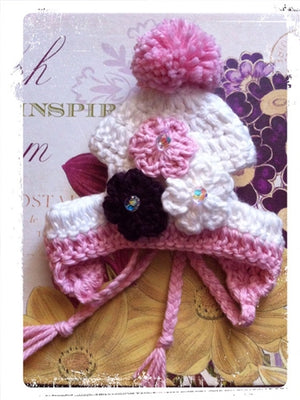 Couture Knit Hat- Three Flowers Crochet with Swarovski Crystals - Posh Puppy Boutique