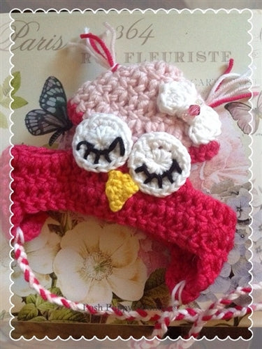 Couture Knit Hat- Closed-Eyes Owl in Bright Pink-Light Pink