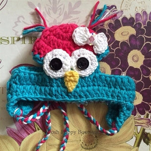 Couture Knit Hat- Open Eyes Owl in Bright Pink-Turquoise - Posh Puppy Boutique
