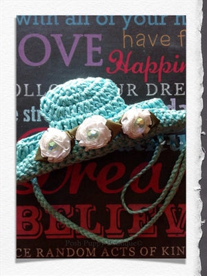Couture Knit Hat- Aqua Bonnet with Flowers- Ribbon - Posh Puppy Boutique
