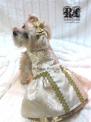 Couture Victoria Gold Brocade Swarovski Crystal Dog Dress - Posh Puppy Boutique