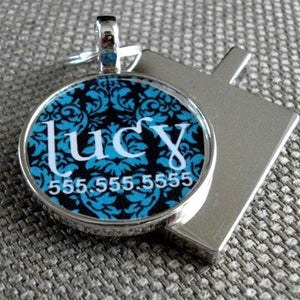 Blue and Black Damask Custom Silver Pet ID Tag - Posh Puppy Boutique
