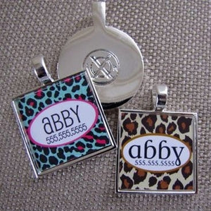 Leopard Custom Silver Pet ID Tag - Blue or Brown - Posh Puppy Boutique