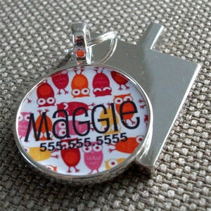 Pink and Orange Owls Silver Custom Pet ID Tag - Posh Puppy Boutique