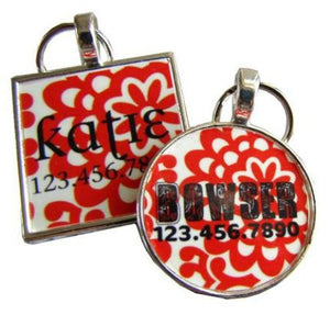 Red Peony Floral Silver Custom Pet ID Tag - Posh Puppy Boutique