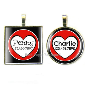 Red Hearts with Black Custom Silver Pet ID Tag - Posh Puppy Boutique