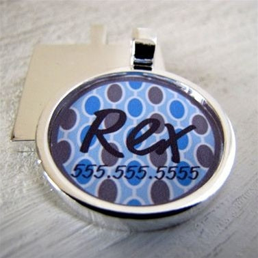 Retro Blue and Gray Dots Silver Pet ID Tag