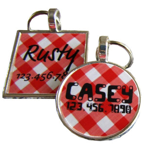 Retro Red Plaid Silver Custom Pet ID Tag - Posh Puppy Boutique