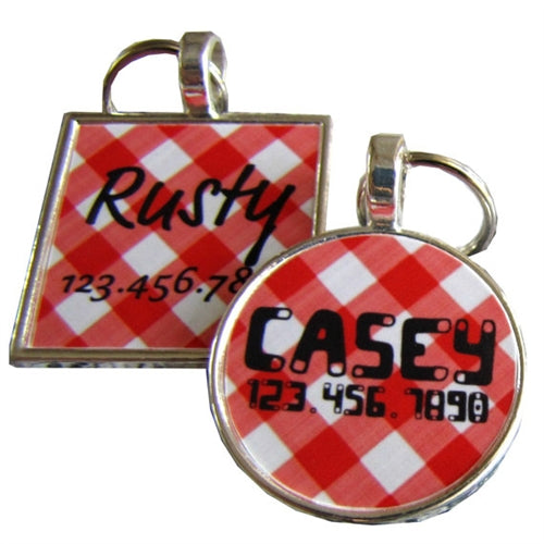 Retro Red Plaid Silver Custom Pet ID Tag