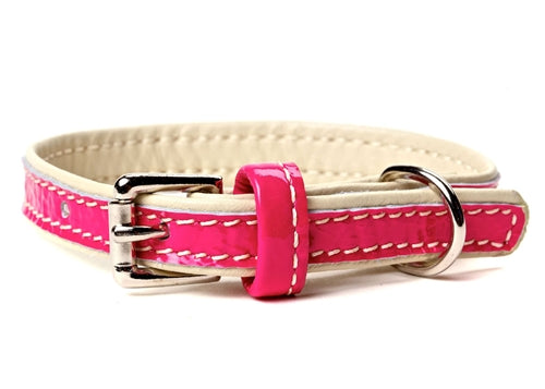 Leather Dog Collar in Beige with Pink Patent