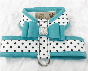 Susan Lanci Two Tone Polka Dot Big Bow Tinkie Harness in Bimini Blue - Posh Puppy Boutique