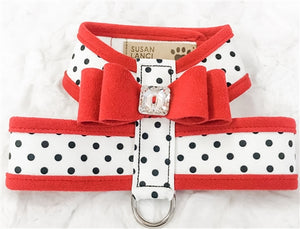 Susan Lanci Two Tone Polka Dot Big Bow Tinkie Harness in Red - Posh Puppy Boutique