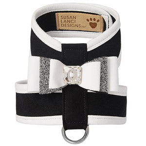 Susan Lanci AB Crystal Stellar Big Bow Tinkie Harness in Black With White Trim - Posh Puppy Boutique