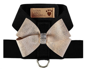 Susan Lanci Black Tinkie Harness with Champagne Glitzerati Nouveau Bow - Posh Puppy Boutique