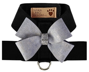 Susan Lanci Black Tinkie Harness with Platinum Glitzerati Nouveau Bow - Posh Puppy Boutique