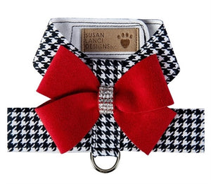Susan Lanci Black and White Houndstooth Red Nouveau Bow Tinkie Harness - Posh Puppy Boutique