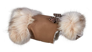 Susan Lanci Camel Ivory Fox Fur Coat with Chocolate Glen Houndstooth Nouveau Bow - Posh Puppy Boutique