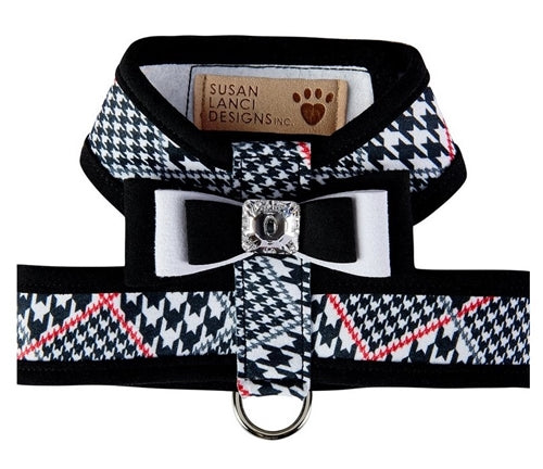 Susan Lanci Classic Glen Houndstooth Big Bow Tinkie Harness with Tuxedo Big Bow and Black Trim