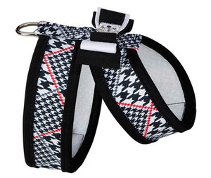 Susan Lanci Classic Glen Houndstooth Big Bow Tinkie Harness with Tuxedo Big Bow and Black Trim - Posh Puppy Boutique