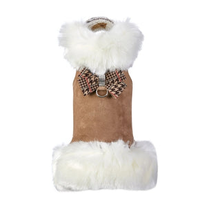 Susan Lanci Camel Fur Coat with Chocolate Glen Houndstooth Nouveau Bow - Posh Puppy Boutique