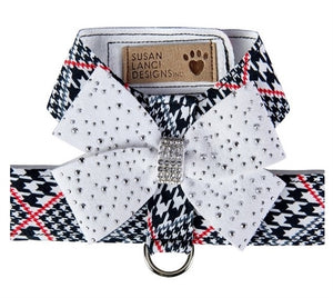 Susan Lanci Classic Glen Houndtooth with Stardust Nouveau Bow Tinkie Harness - Posh Puppy Boutique
