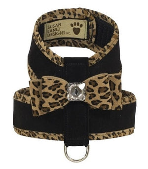 Susan Lanci Two Tone Big Bow Tinkie Harness in Black with Cheetah Trim - Posh Puppy Boutique