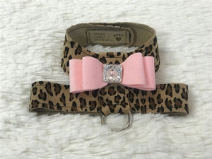 Susan Lanci Two Tone Big Bow Tinkie Harness in Cheetah and Puppy Pink Bow - Posh Puppy Boutique