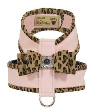 Susan Lanci Two Tone Big Bow Tinkie Harness in Puppy Pink with Cheetah Trim - Posh Puppy Boutique