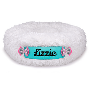 Susan Lanci Custom Bed in Cream Shag and Bimini Blue - Posh Puppy Boutique