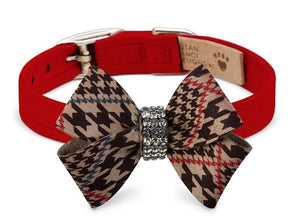 Susan Lanci Glen Houndstooth Nouveau Bow Collar in Red - Posh Puppy Boutique