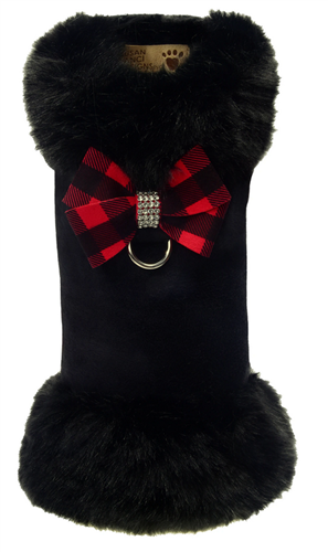 Susan Lanci Red Gingham Nouveau Bow Black Fox Fur Coat