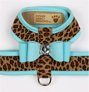 Susan Lanci Two Tone Big Bow Tinkie Harness in Tiffi Blue and Cheetah - Posh Puppy Boutique