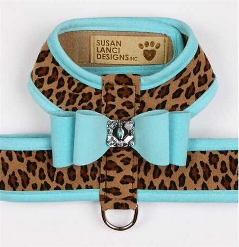 Susan Lanci Two Tone Big Bow Tinkie Harness in Tiffi Blue and Cheetah