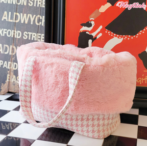 Wooflink Luxe Bag Houndstooth with Removable Fur in Pink