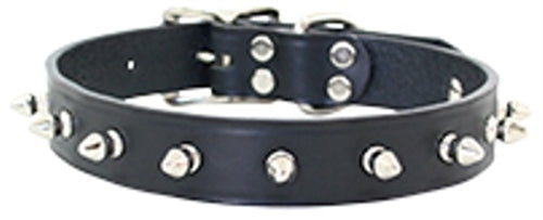 Spiked Leather Collar with 1 Row of Spikes - Black
