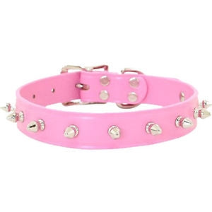 Spiked Leather Collar with 1 Row of Spikes - Pink