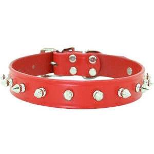 Spiked Leather Collar with 1 Row of Spikes - Red