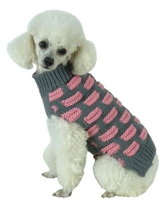 Fashion Weaved Heavy Knit Designer Ribbed Turtle Neck Dog Sweater - Pink