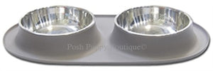 Double Bowl Silicone Feeders with Stainless Bowl- Grey - Posh Puppy Boutique