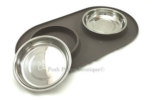 Double Bowl Silicone Feeders with Stainless Bowl- Grey - Posh Puppy Boutique